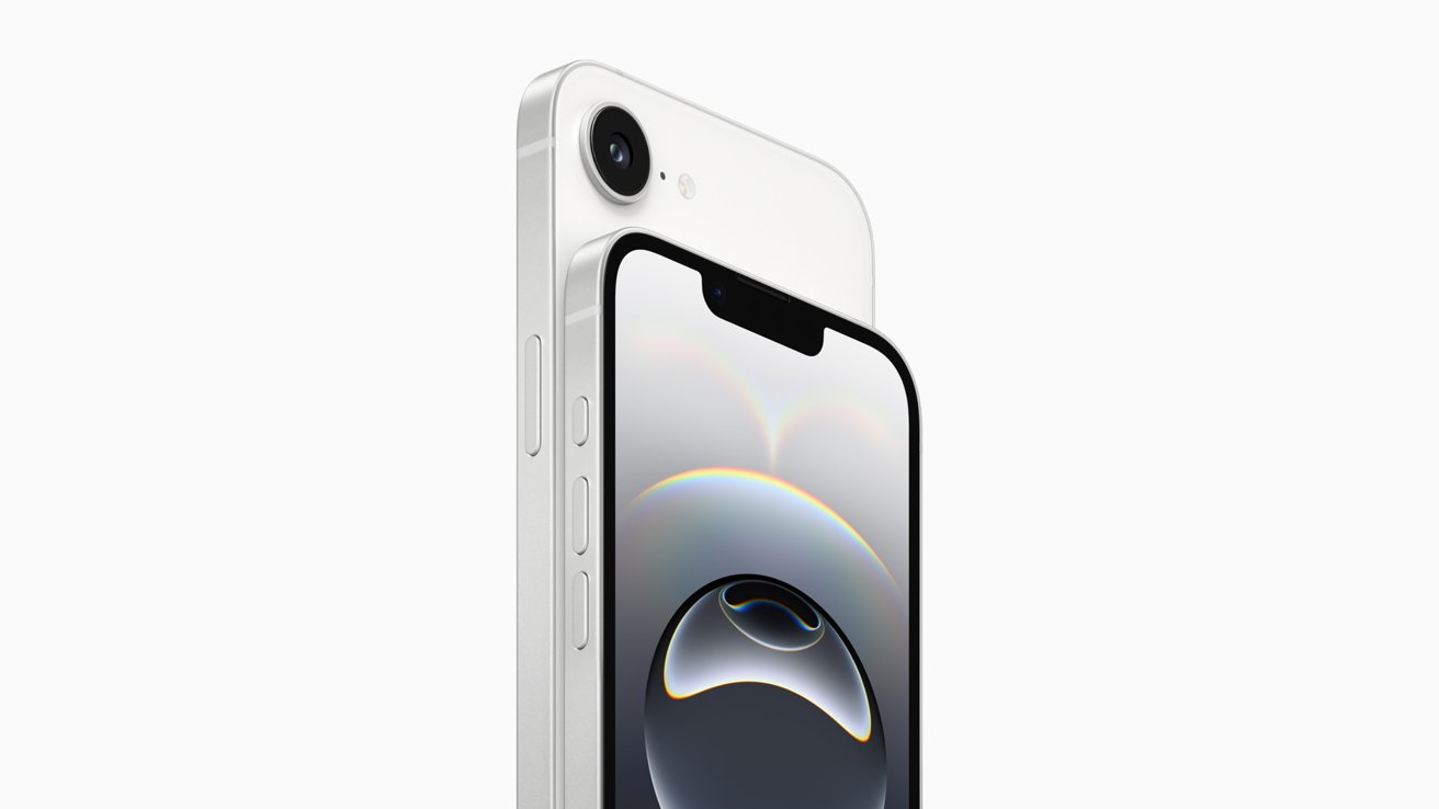 Two overlapping iPhone 16e smartphones, showing side buttons on one and a colorful, reflective sphere on the screen of the other, against a plain white background.