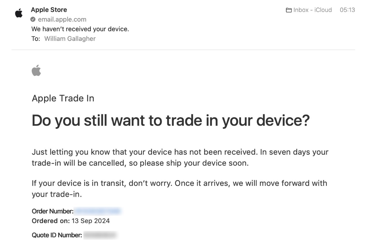 Email Apple Store tentang perangkat trade-in yang tidak disetujui, mendesak pengiriman dalam waktu tujuh hari untuk menghindari pembatalan. Memberikan ID Pesanan dan Kutipan, tertanggal 13 September 2024.