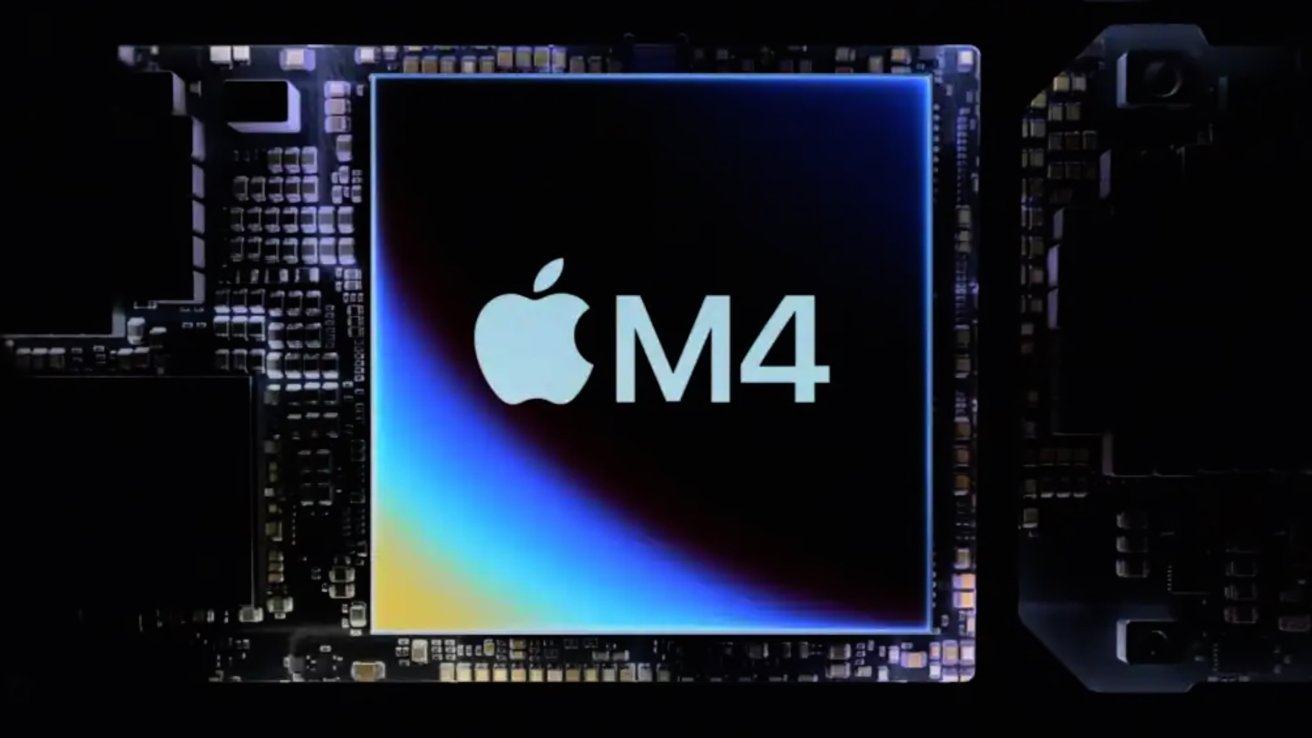 Microchip labeled M4 with Apple logo, surrounded by circuitry and a colorful gradient.