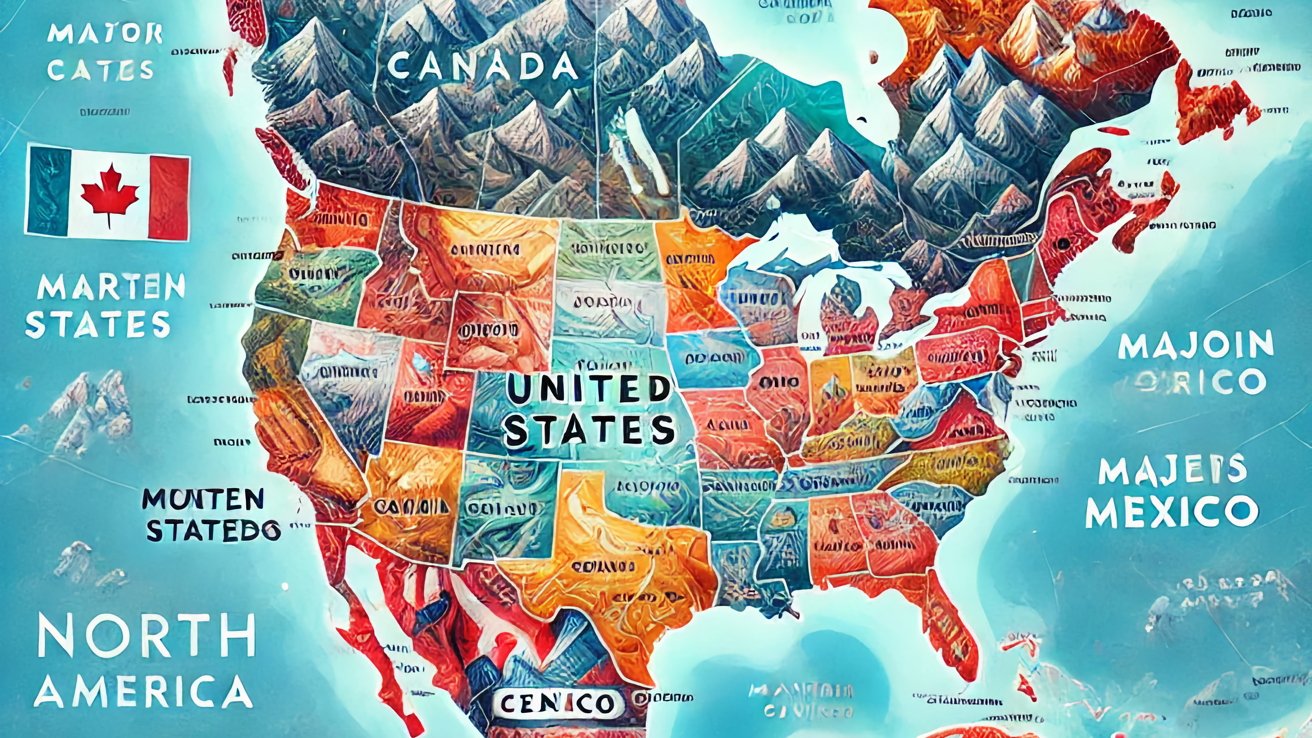 Colorful, cartoon-style map of North America with exaggerated mountain illustrations and distorted country names. Generated by ChatGPT