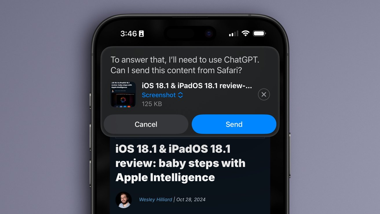 Smartphone close-up displaying a prompt to send content from Safari to ChatGPT. Options to cancel or send. Article titled iOS 18.1 and iPadOS 18.1 review visible.