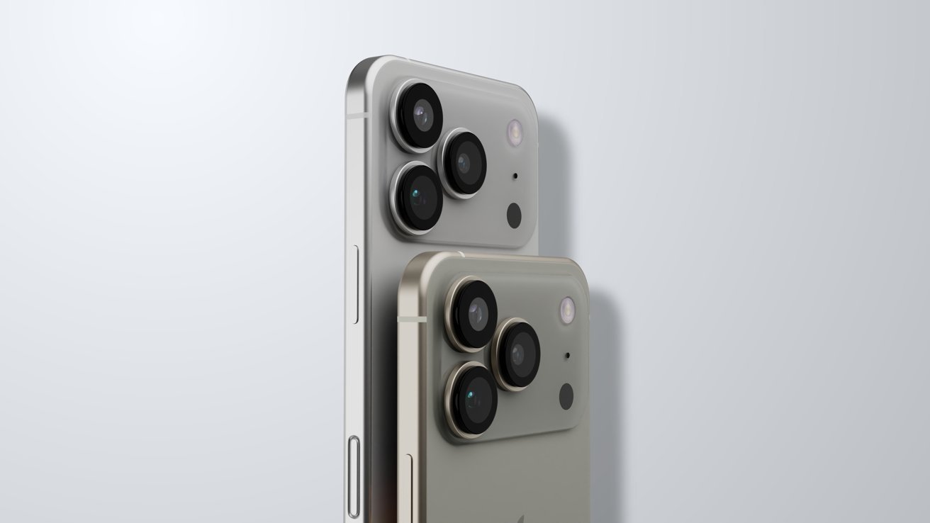 Two smartphones in light gray and silver with three rear cameras each, positioned diagonally against a neutral background.