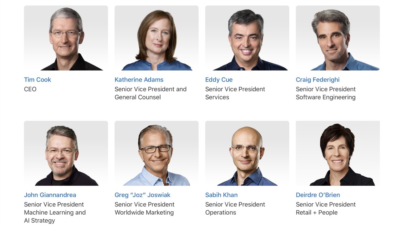 Collage of eight Apple senior executives and CEO, each with names and titles below, on a light background.