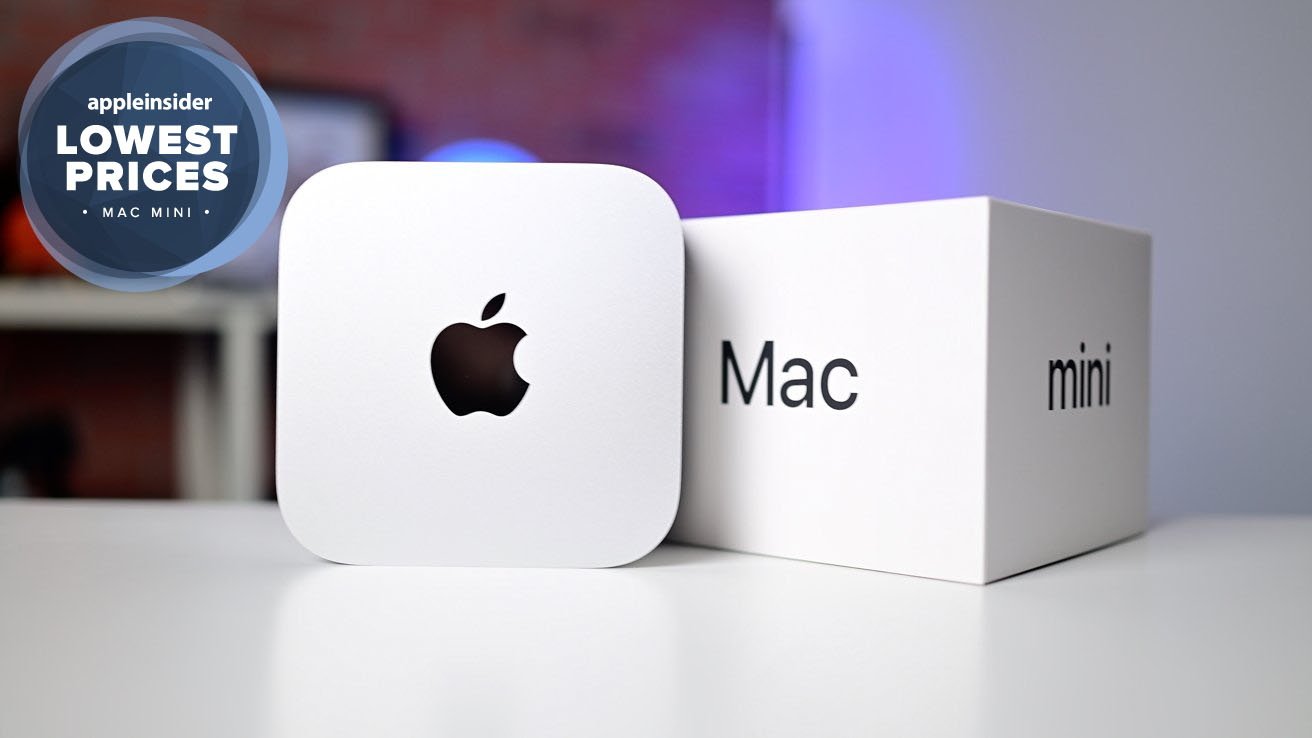 Silver Mac mini with Apple logo beside its box, 'Mac mini' text visible, blue badge reading 'lowest prices' above.