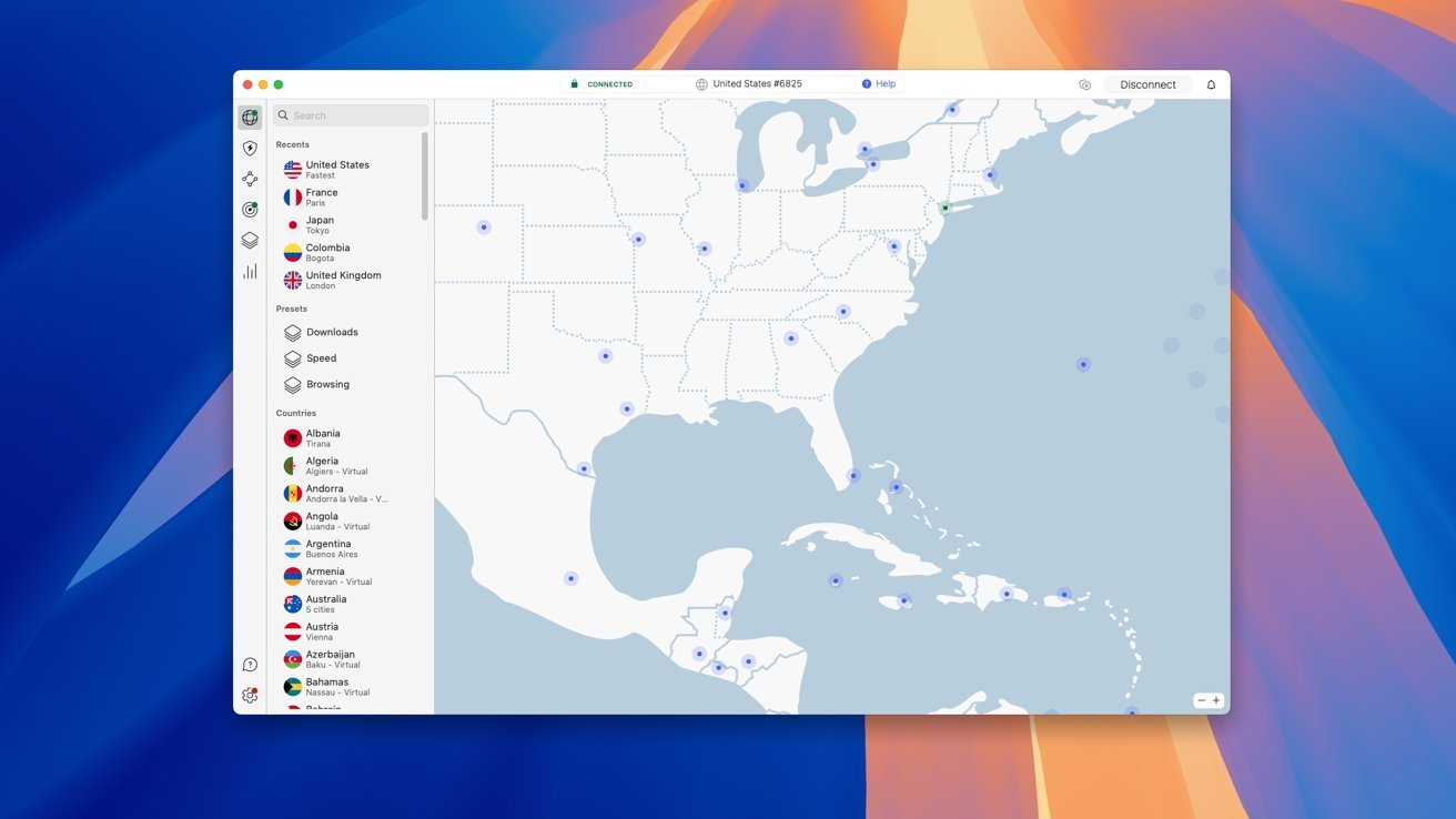 VPN app interface showing a map of North America with server locations marked, alongside a sidebar list of countries and connection options.