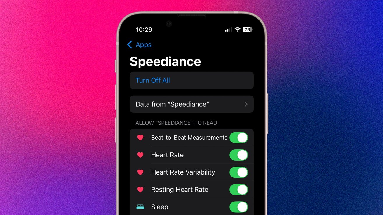 Smartphone screen showing an app called Speediance with toggles for heart rate measurements and sleep data against a vibrant pink and blue gradient background.