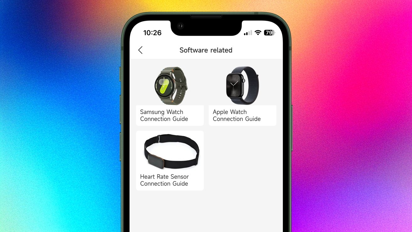 Smartphone screen showing software-related connection guides for Samsung Watch, Apple Watch, and Heart Rate Sensor, set against a vibrant gradient background.