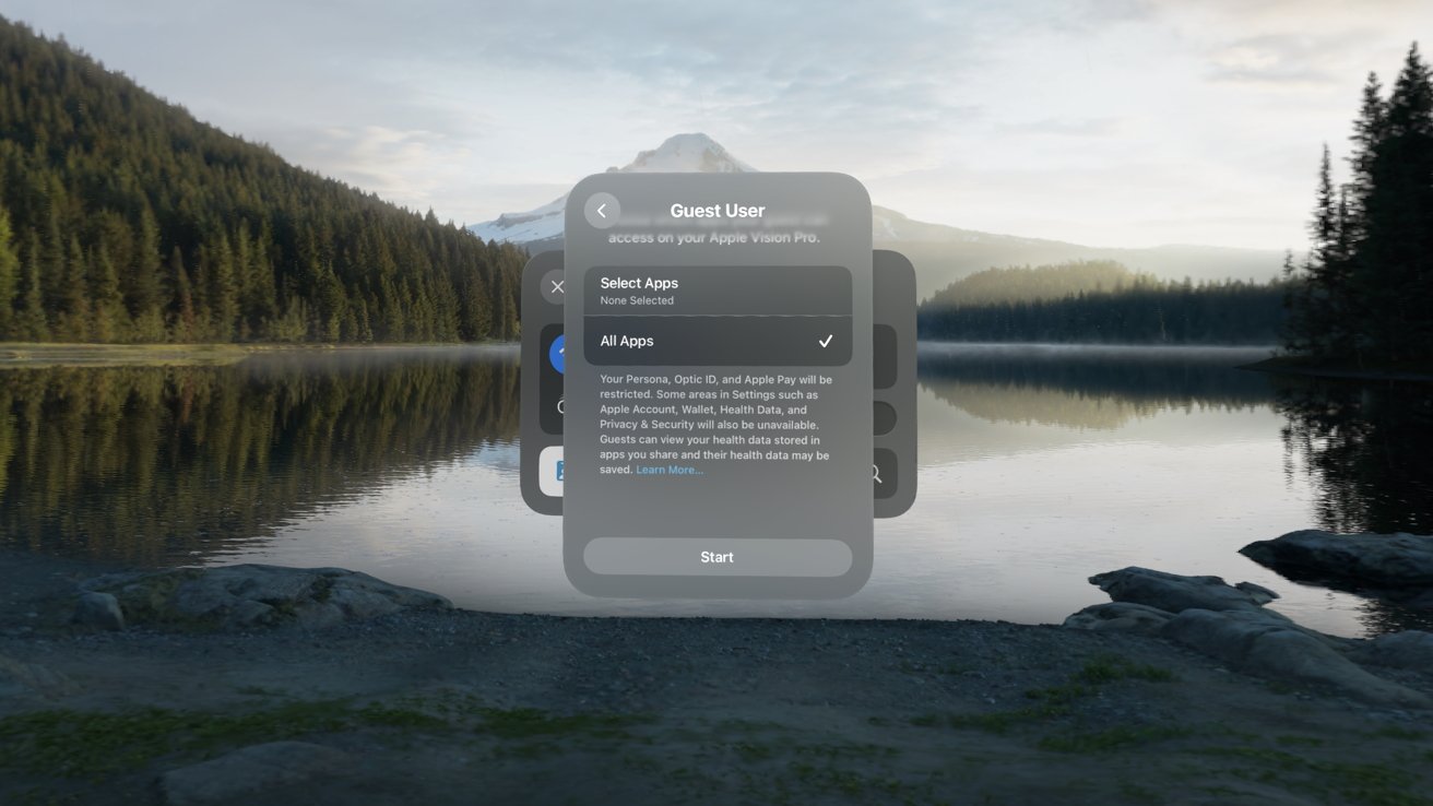 A serene lakeside view with distant mountains and trees, overlaid with a digital interface for selecting apps as a guest user on Apple Vision Pro.