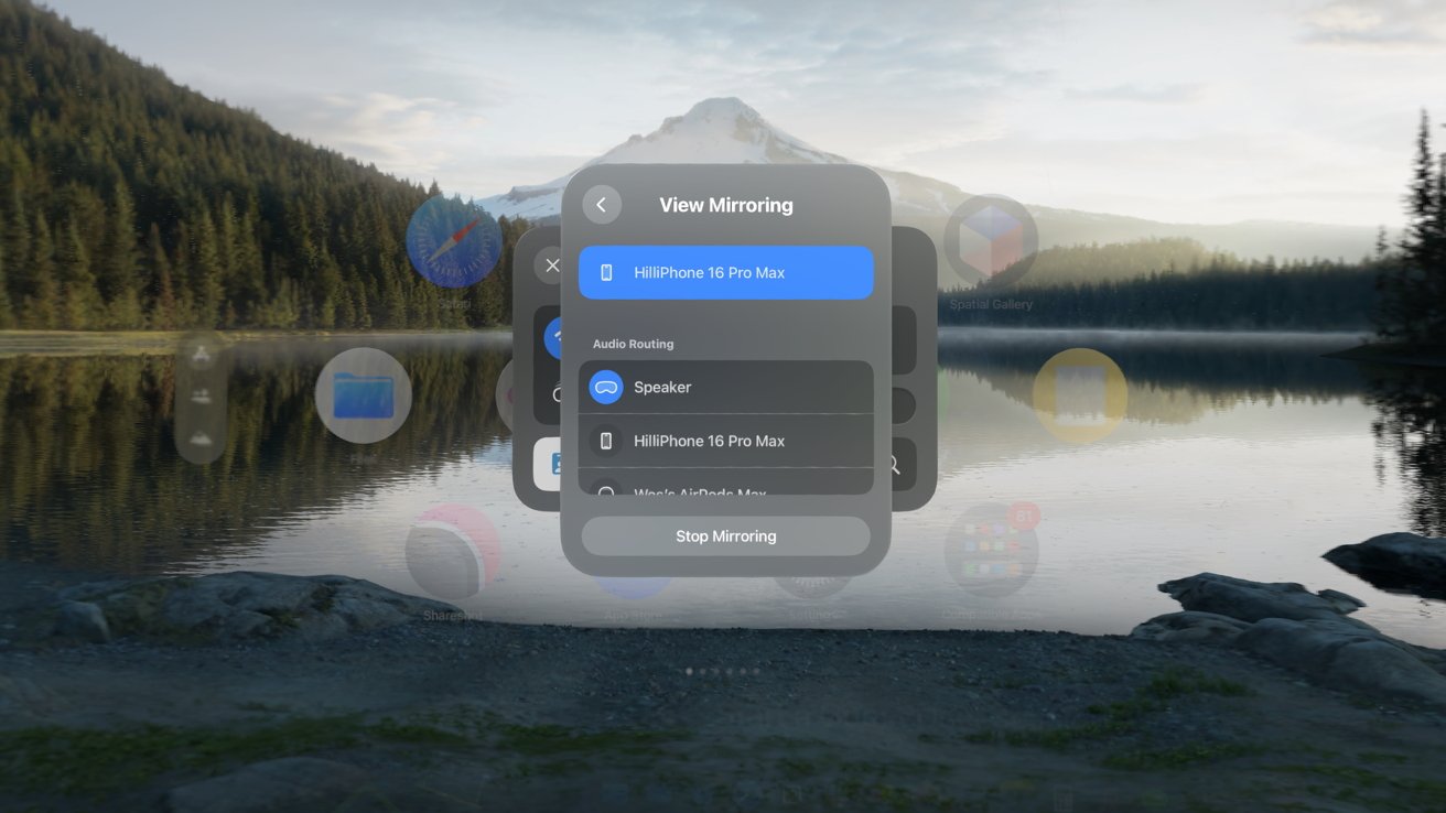 Phone settings menu overlaid on a serene lake with forested mountains in the background.