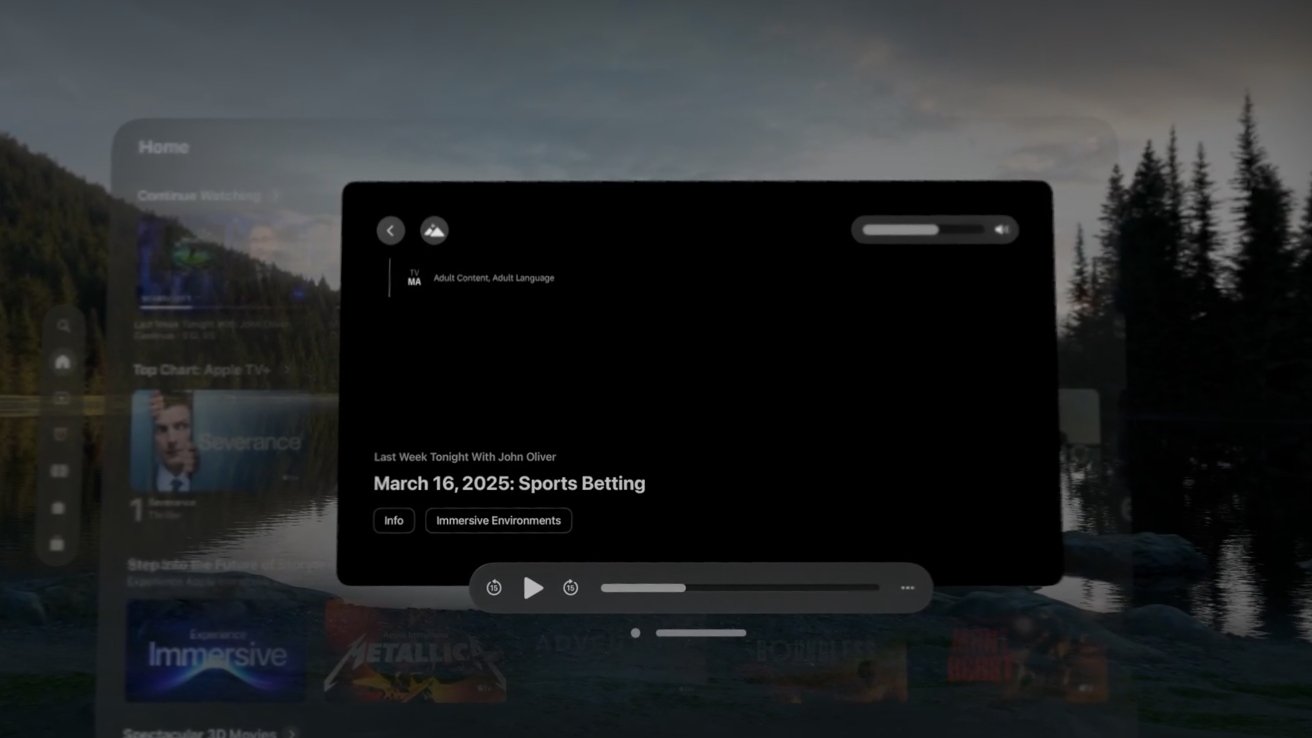 TV interface with content menus over a forest and lake background, featuring program details for Last Week Tonight about sports betting.