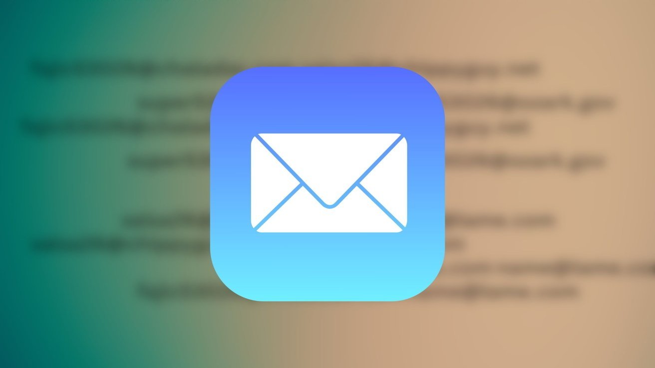 Envelope icon with a gradient blue background, overlaying a blurred list of email addresses, symbolizing email communication.