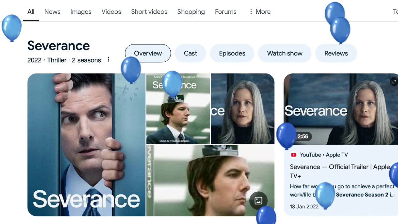 Collage of 'Severance' series images featuring actors with serious expressions, blue balloons scattered throughout, and tabs for overview, cast, episodes, watch show, and reviews.