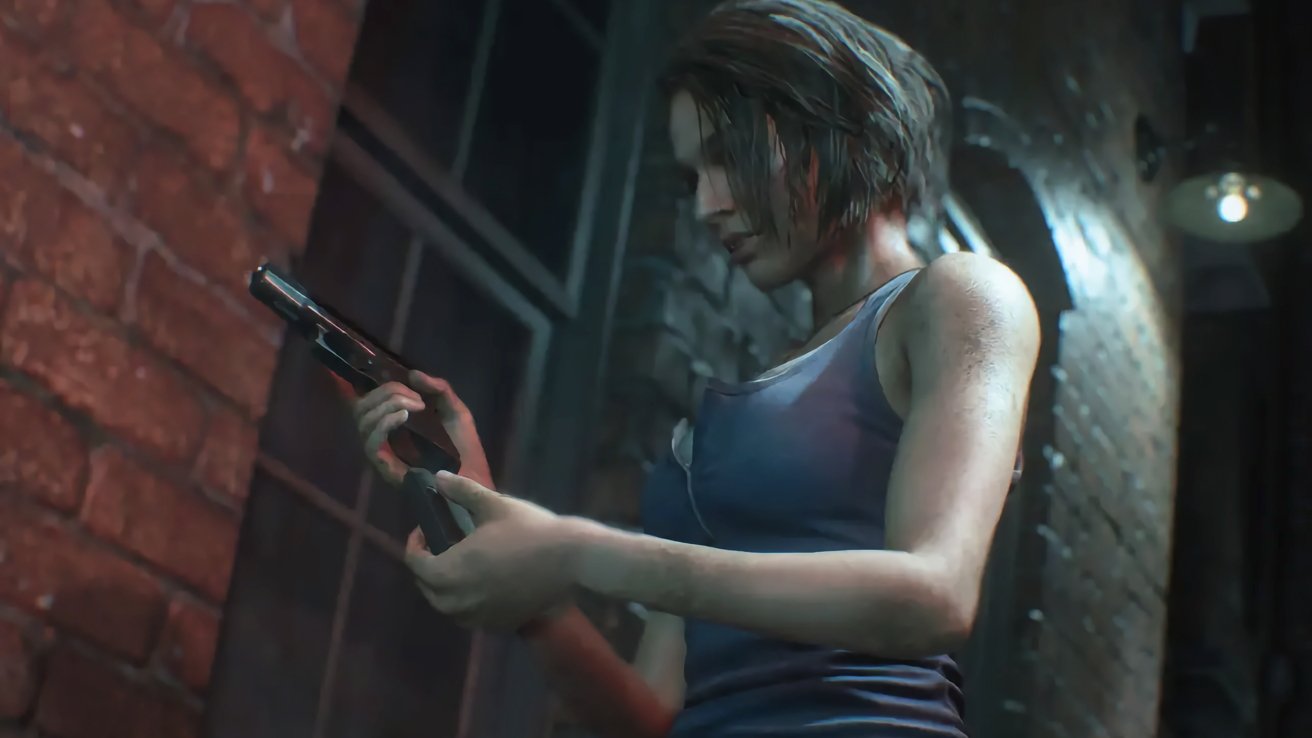 A focused person in a blue tank top examines a handgun in a dimly lit urban brick alley.