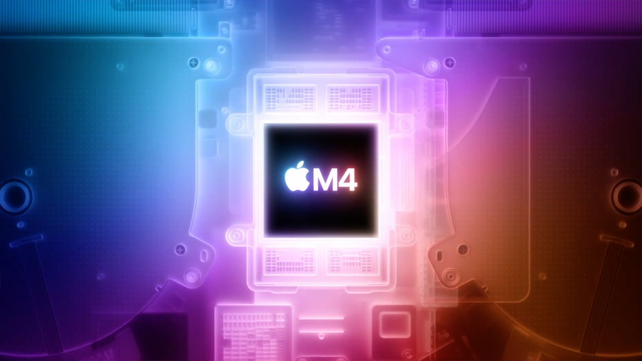 Colorful electronic circuit board featuring a central black chip labeled with an apple logo and M4, surrounded by glowing hues of blue, pink, and orange.