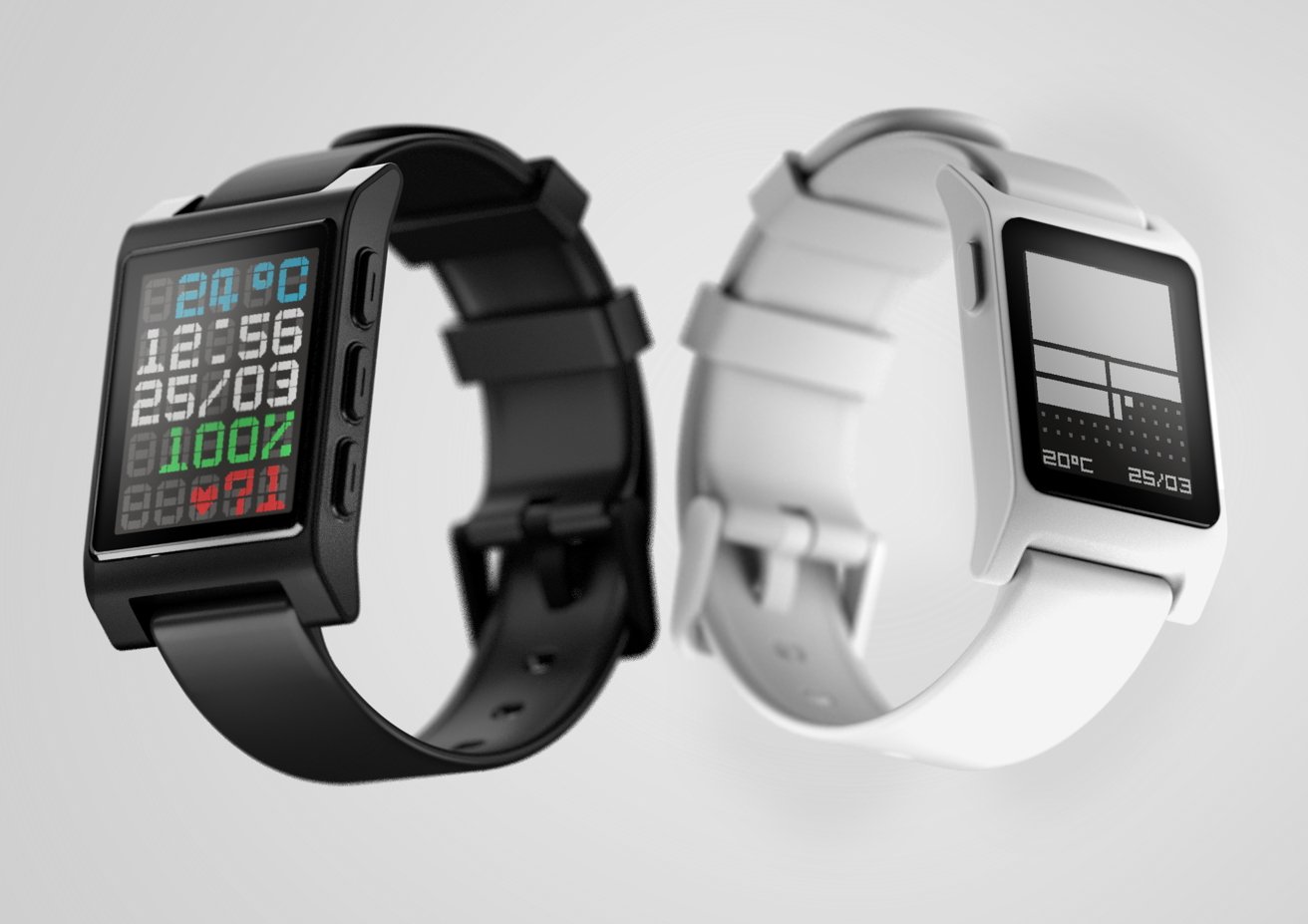 Two smartwatches, black and white. The black watch displays colorful data like temperature, time, and heart rate. The white watch shows a minimalistic black-and-white screen.