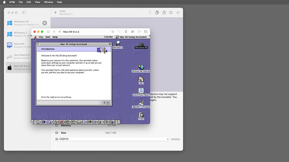 The Mac OS 9 desktop running on an Apple Silicon Mac in UTM.