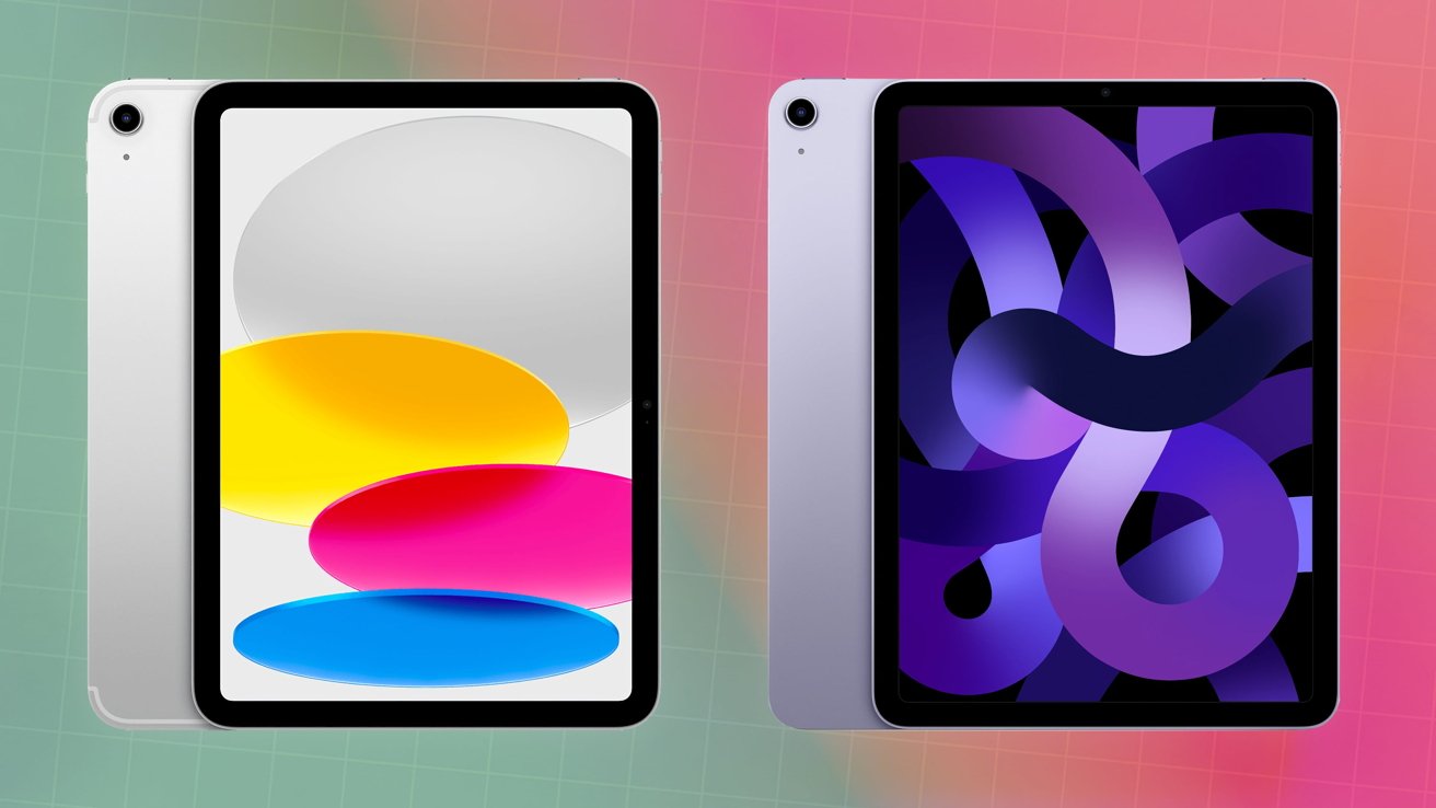 Two tablets side by side, left with colorful abstract ovals, right with dark blue and purple swirling pattern. Gradient background.