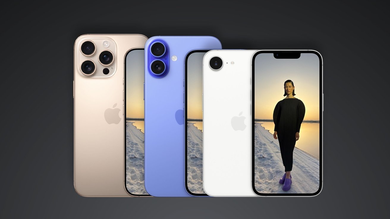 Five iPhone 16e smartphones in a row, including gold, blue, and white models, with one screen displaying a person against a sunset over a snowy landscape.