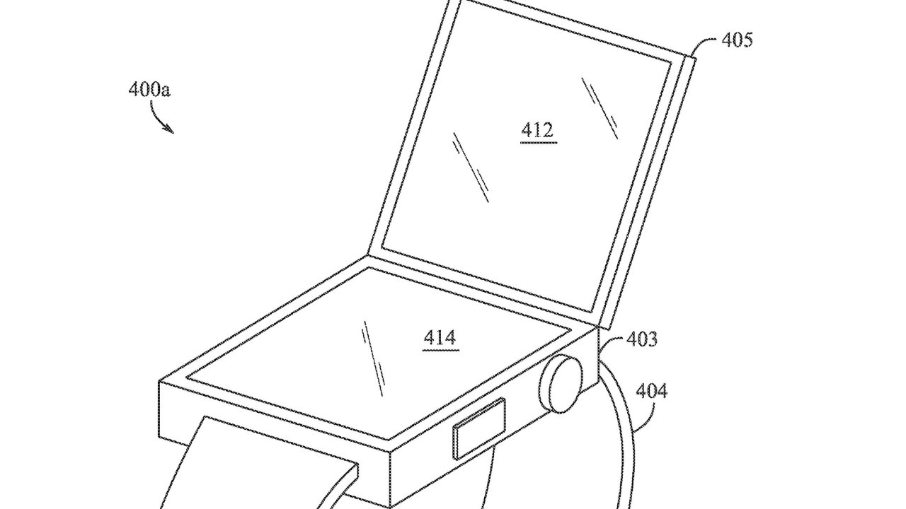 Sketch of a smartwatch with a hinged, flip-up screen, featuring labeled components and a wristband.