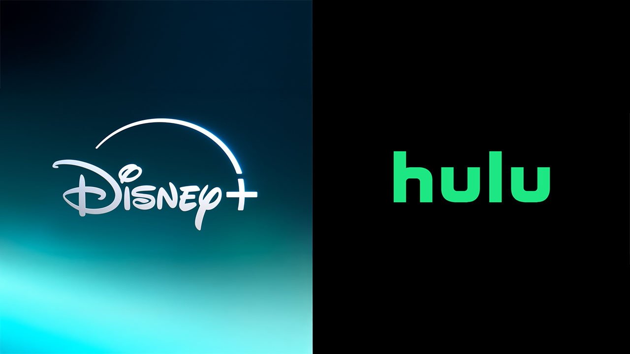 Split screen with Disney Plus logo on the left in white and Hulu logo on the right in green, against dark backgrounds.