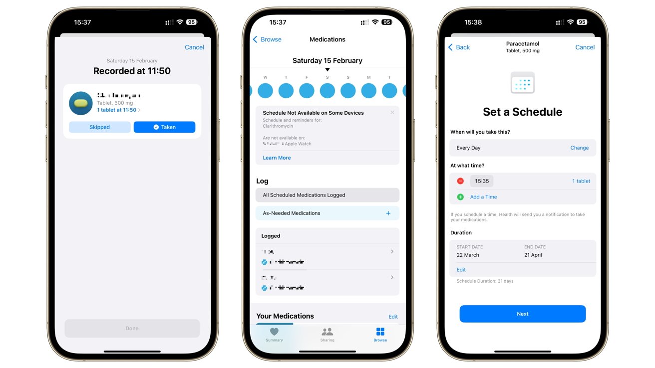 Three smartphone screens display a medication tracking app, showing logged medications, scheduling options, and dosage information.