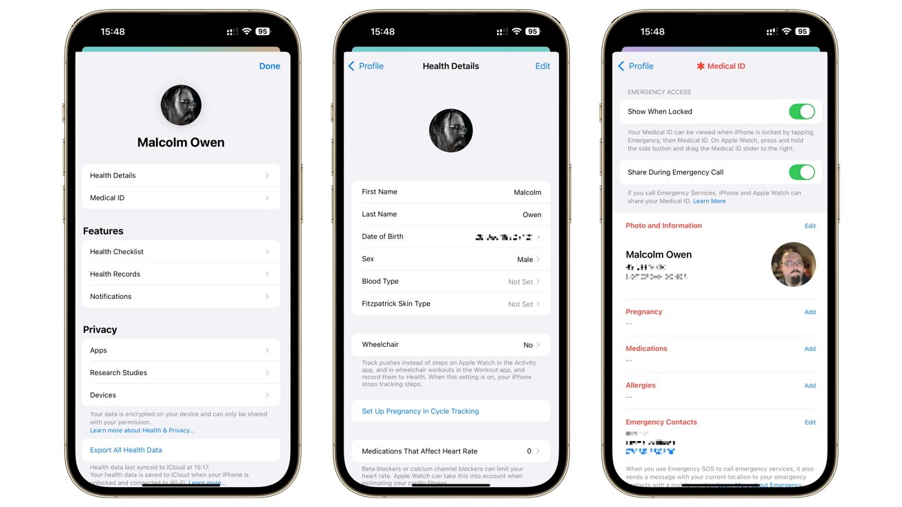 Three smartphone screens showing health app profiles with personal details, medical ID settings, features, and privacy options.