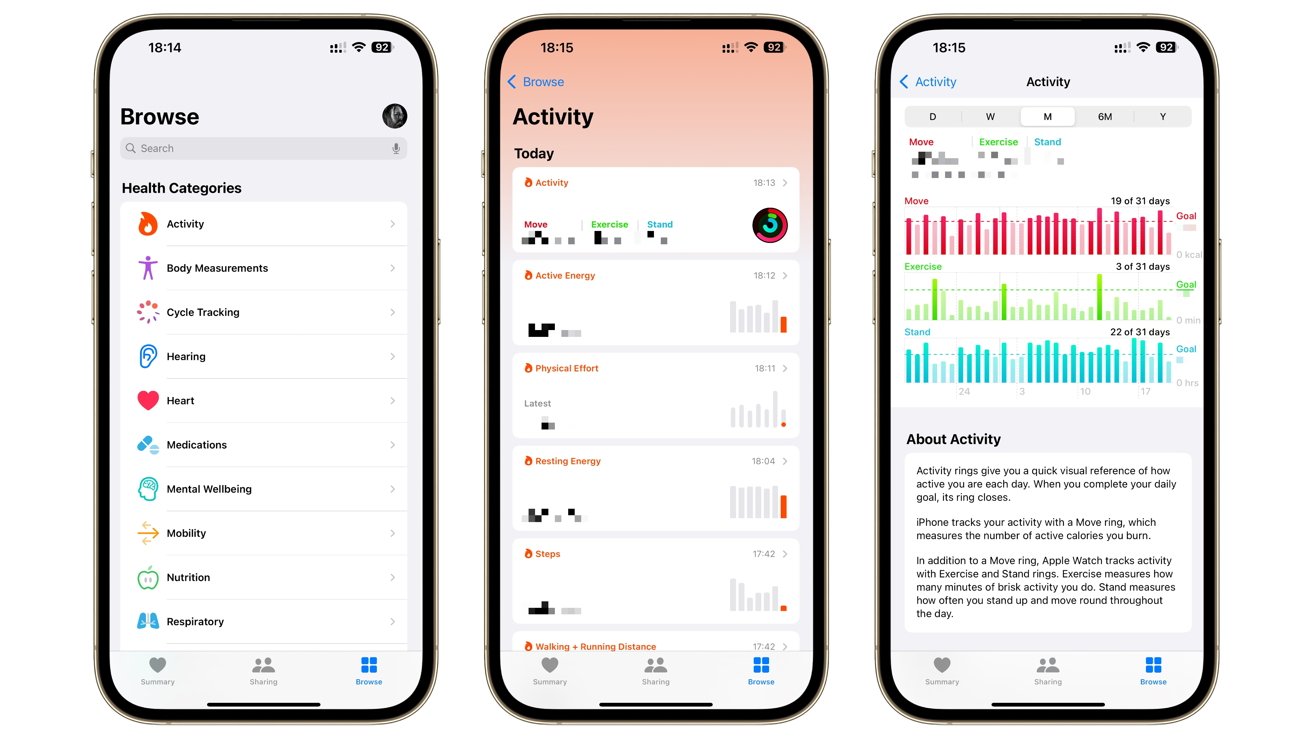 Three smartphone screens display health app interfaces showing categories, activity stats, and detailed bar graphs for movement, exercise, and standing goals.