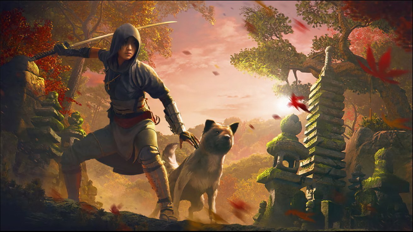 Hooded figure with a sword and dog stands alert in an autumn forest scene, surrounded by ancient stone structures and falling red leaves.