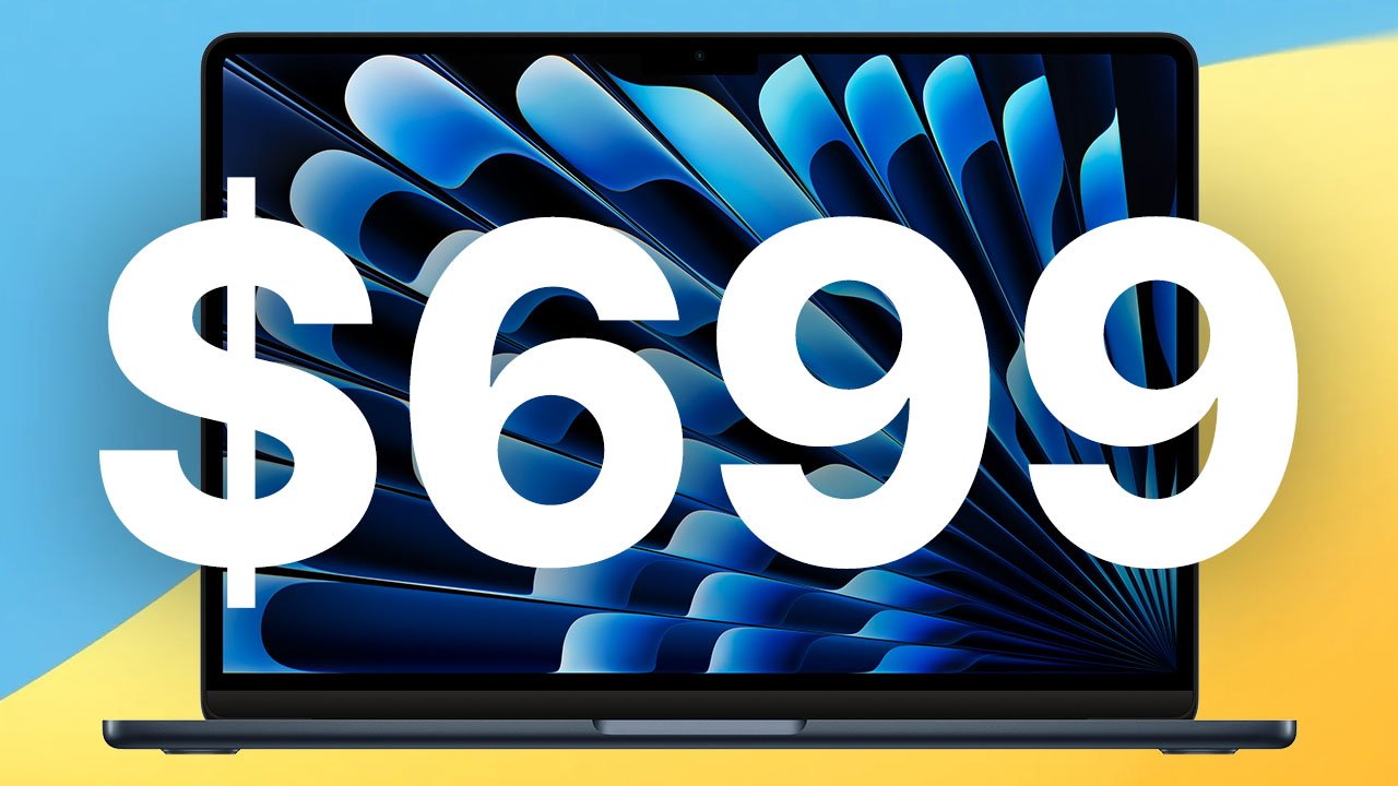 MacBook Air showing abstract blue design on screen with large white text reading $699 in front, against a blue and yellow background.