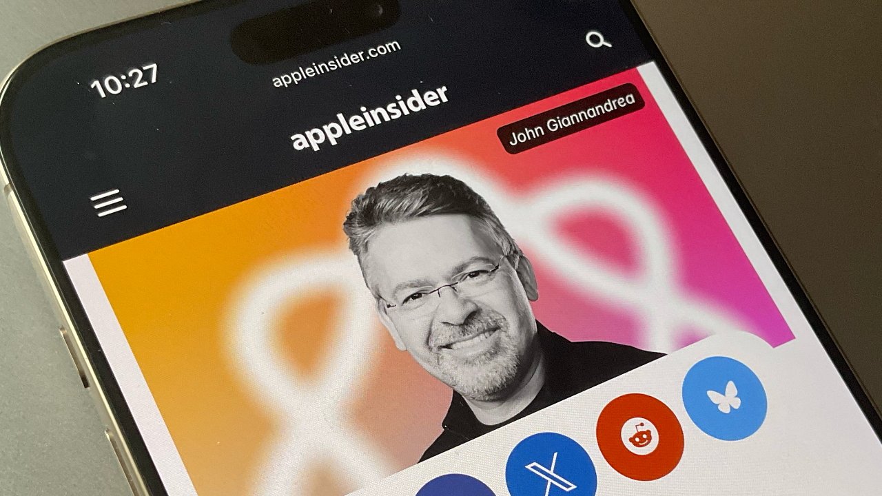 Smartphone screen displaying a grayscale photograph of a smiling person against a colorful background, with the text 'appleinsider' and several social media icons below.