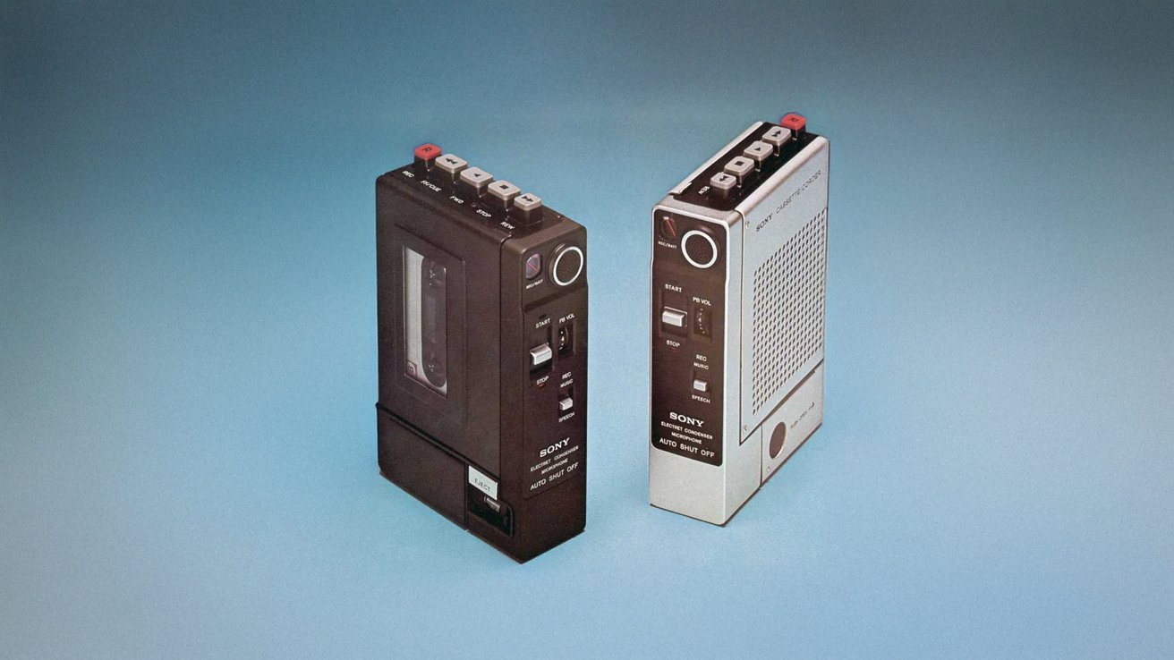 Two vintage portable cassette recorders, one black and the other white, with buttons and switches, displayed against a blue gradient background.