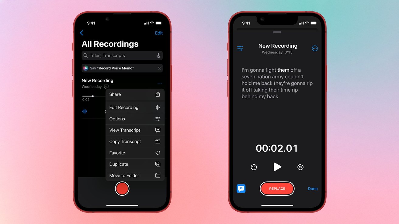 Two smartphones display a voice recording app with a list of recordings and controls for playback, editing, and transcription options. Background is a pink to blue gradient.