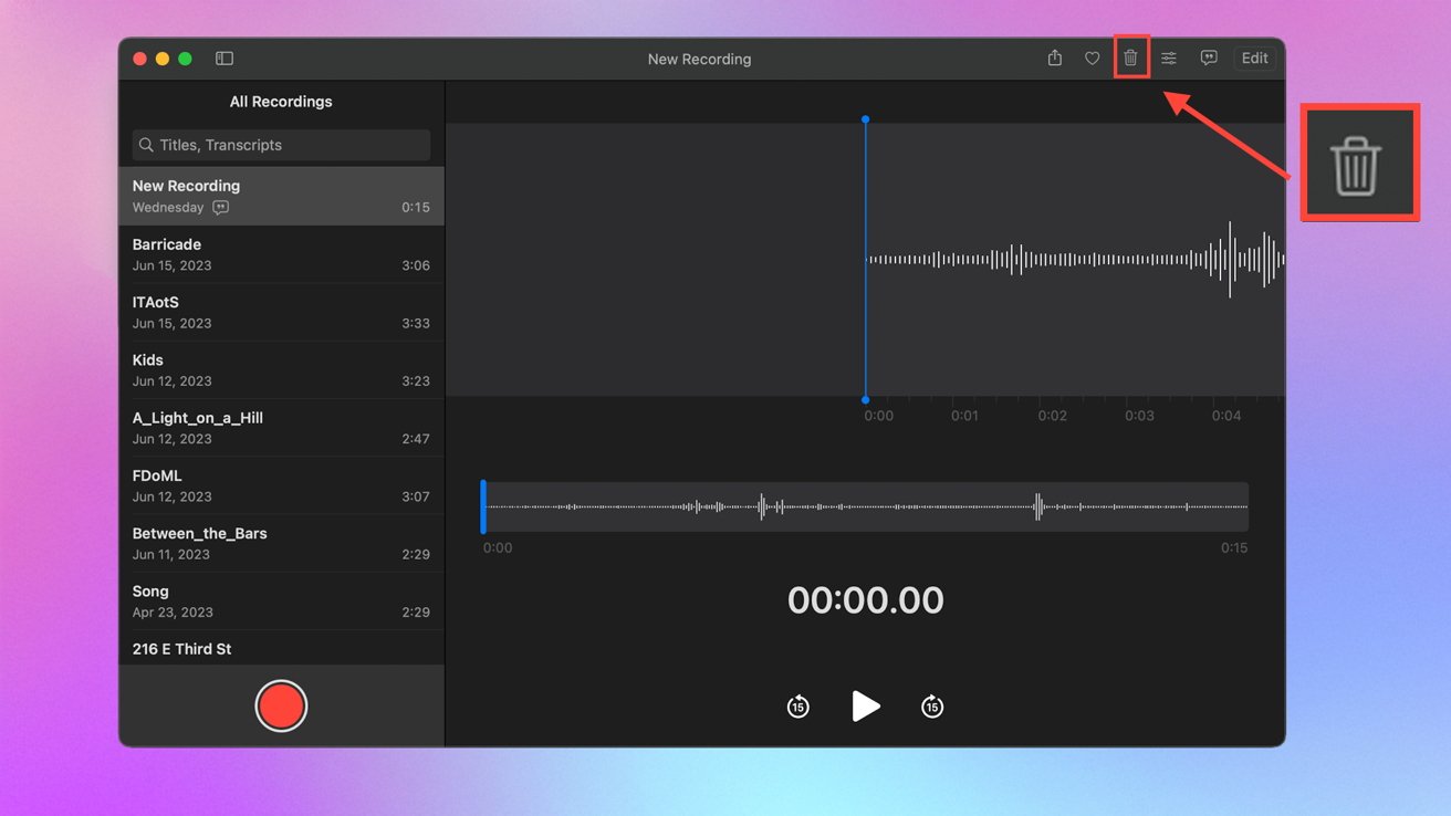 Audio recording software interface showing a list of recordings, waveform display, and recording controls, set against a gradient background. A trash icon is highlighted.
