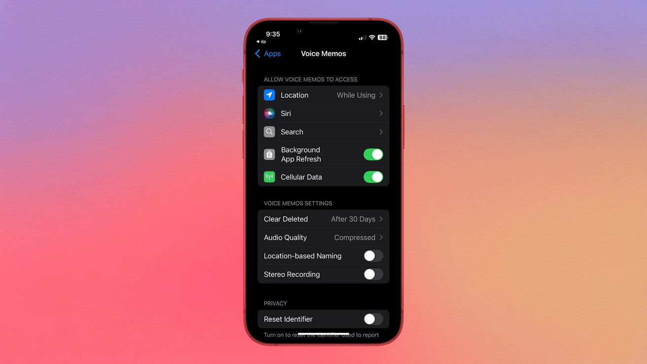 Smartphone screen displaying Voice Memos settings, options for location, Siri, and data. Background app refresh and cellular data toggled on. Pink to purple gradient background.