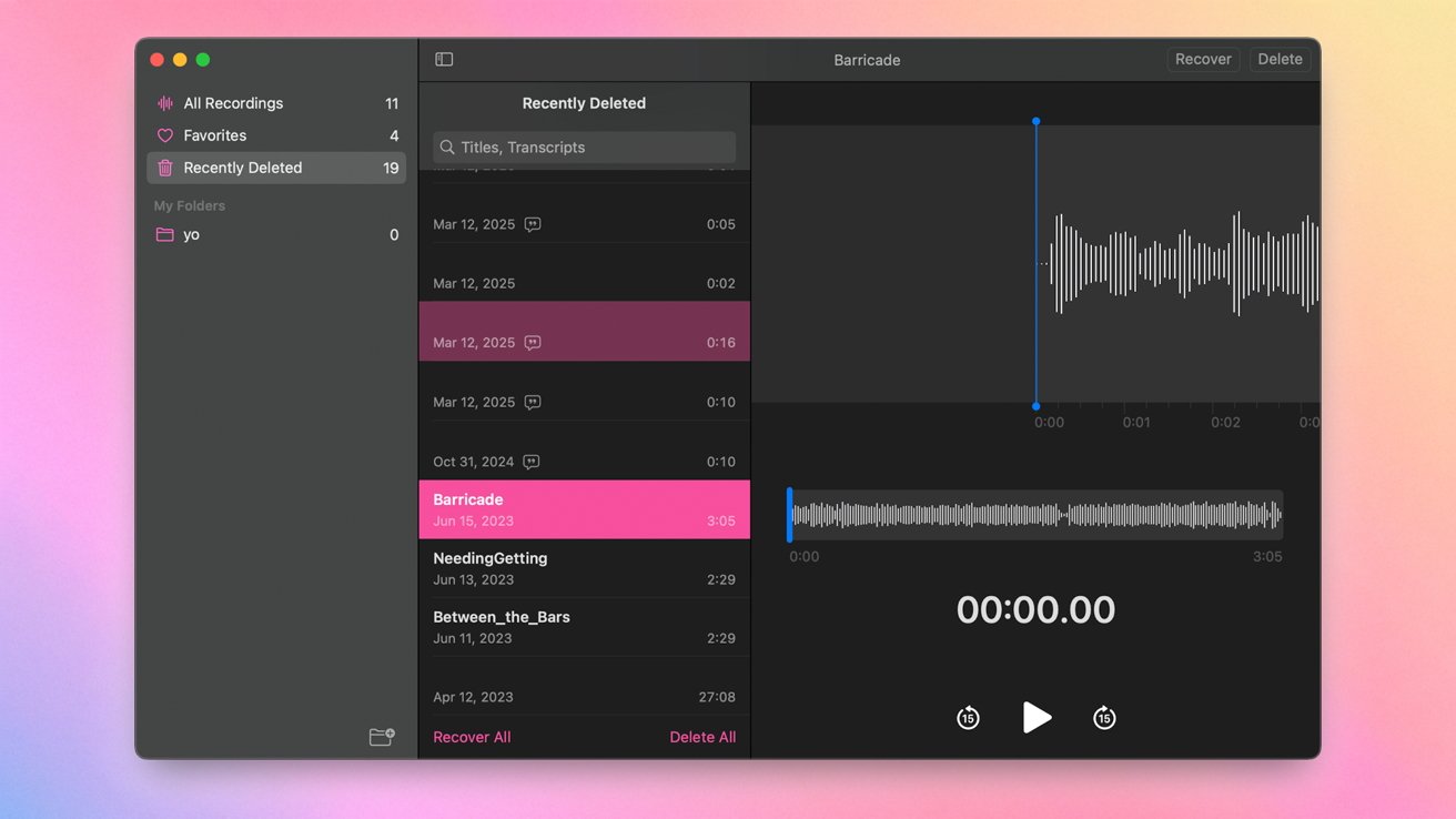Audio recording app interface with waveform display, file list titled 'Recently Deleted', and controls for play, delete, recover. Highlighted file 'Barricade' dated June 15, 2023, duration 3:05 minutes.
