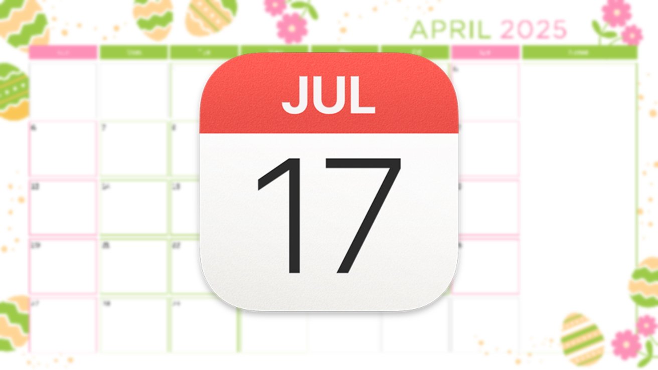 Calendar showing April 2025 with Easter eggs and flowers, overlaid with a July 17 calendar icon.
