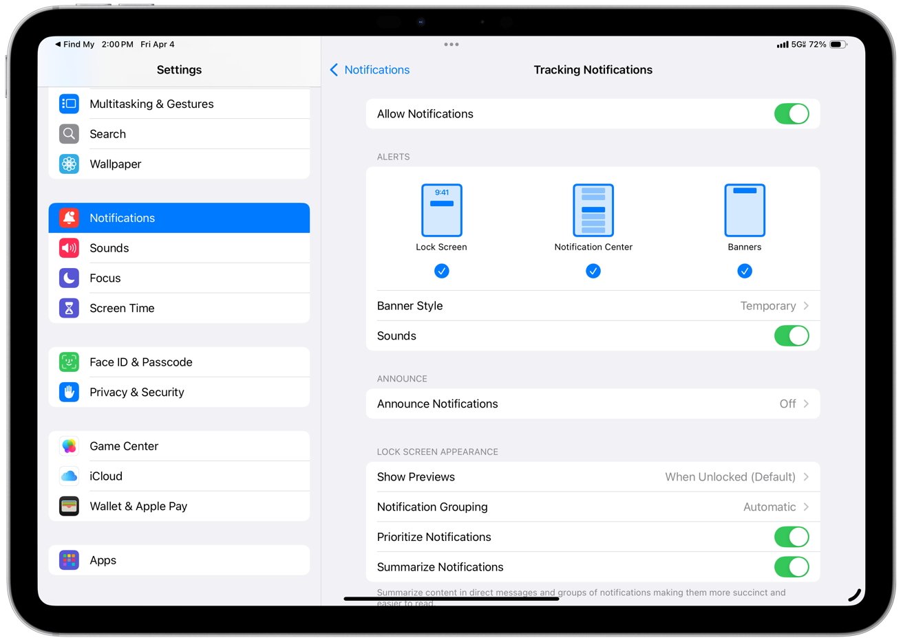 iPad displaying notification settings menu, with options for allowing notifications, alerts, banner style, and lock screen appearance. Notifications and sounds settings are prominently featured.