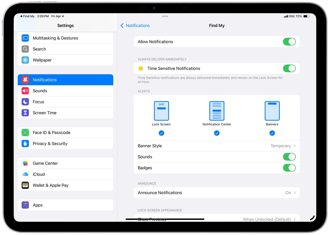 iPad screen displaying notification settings menu with options for allowing notifications, time-sensitive alerts, and notification styles like lock screen, notification center, and banners.