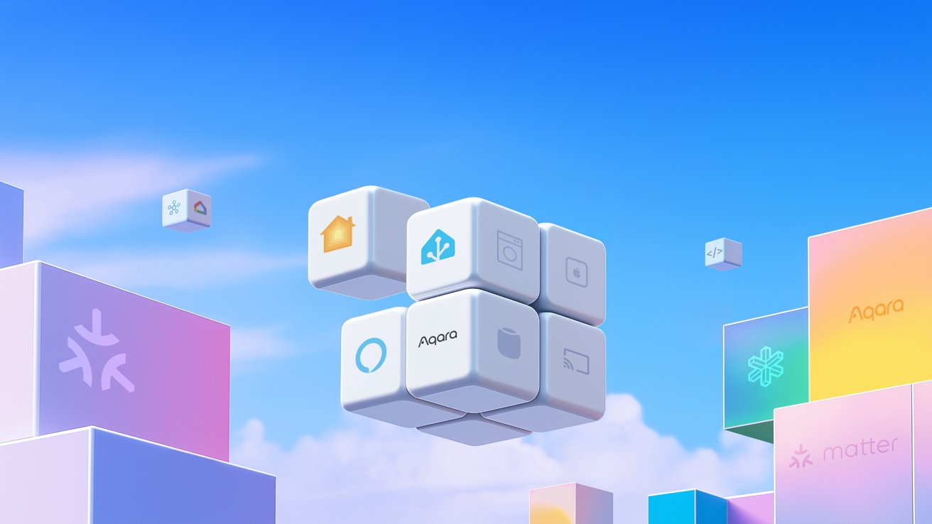 Floating white cubes with technology logos against a blue sky, surrounded by colorful abstract shapes.