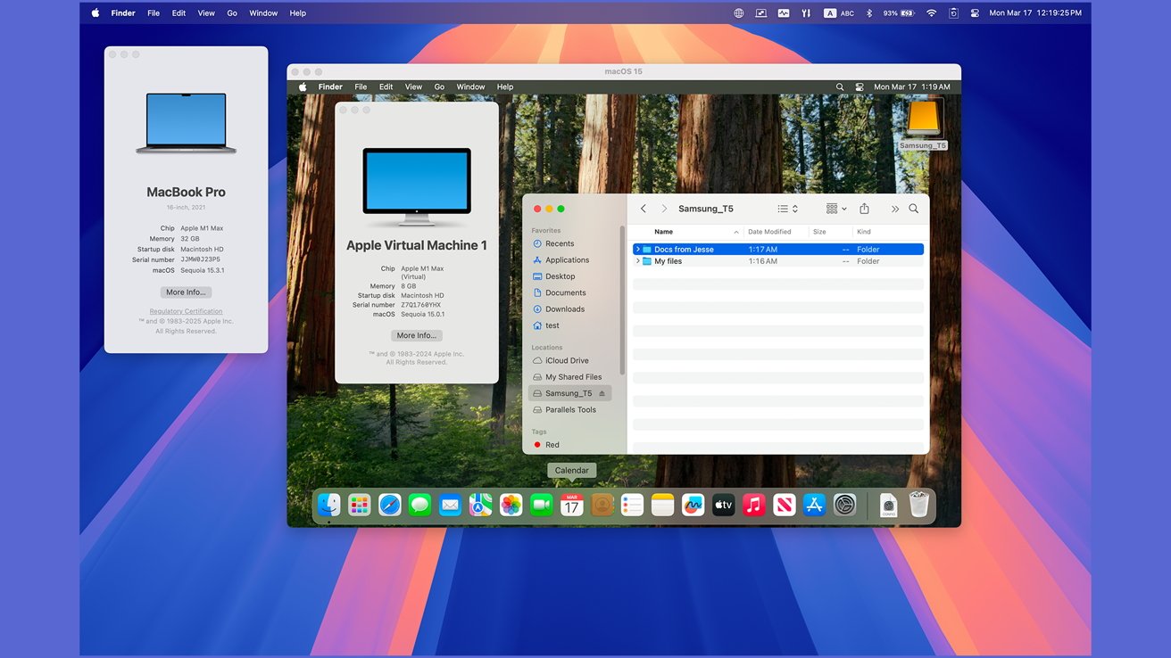 Computer desktop showing a MacBook Pro information window, virtual machine details, and an open file manager with two folders. Background displays tall trees.