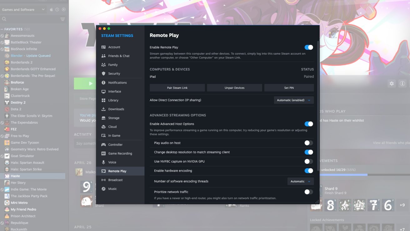 Steam settings window showing Remote Play options, including device pairing and advanced streaming settings like audio and network traffic prioritization, on a gaming library background.