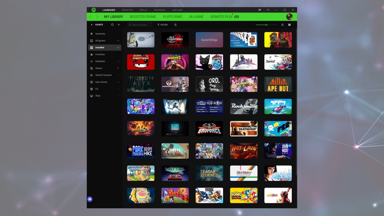 Gaming library interface with various game icons displayed in a grid. Sidebar menu on the left shows options like All Games, Favorites, and installation platforms.