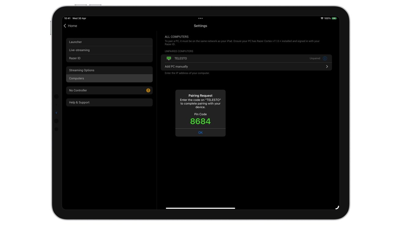 Tablet screen displaying settings for pairing computers. Shows a pairing request with pin code 8684. Options include launcher, live-streaming, Razer ID, and help support.