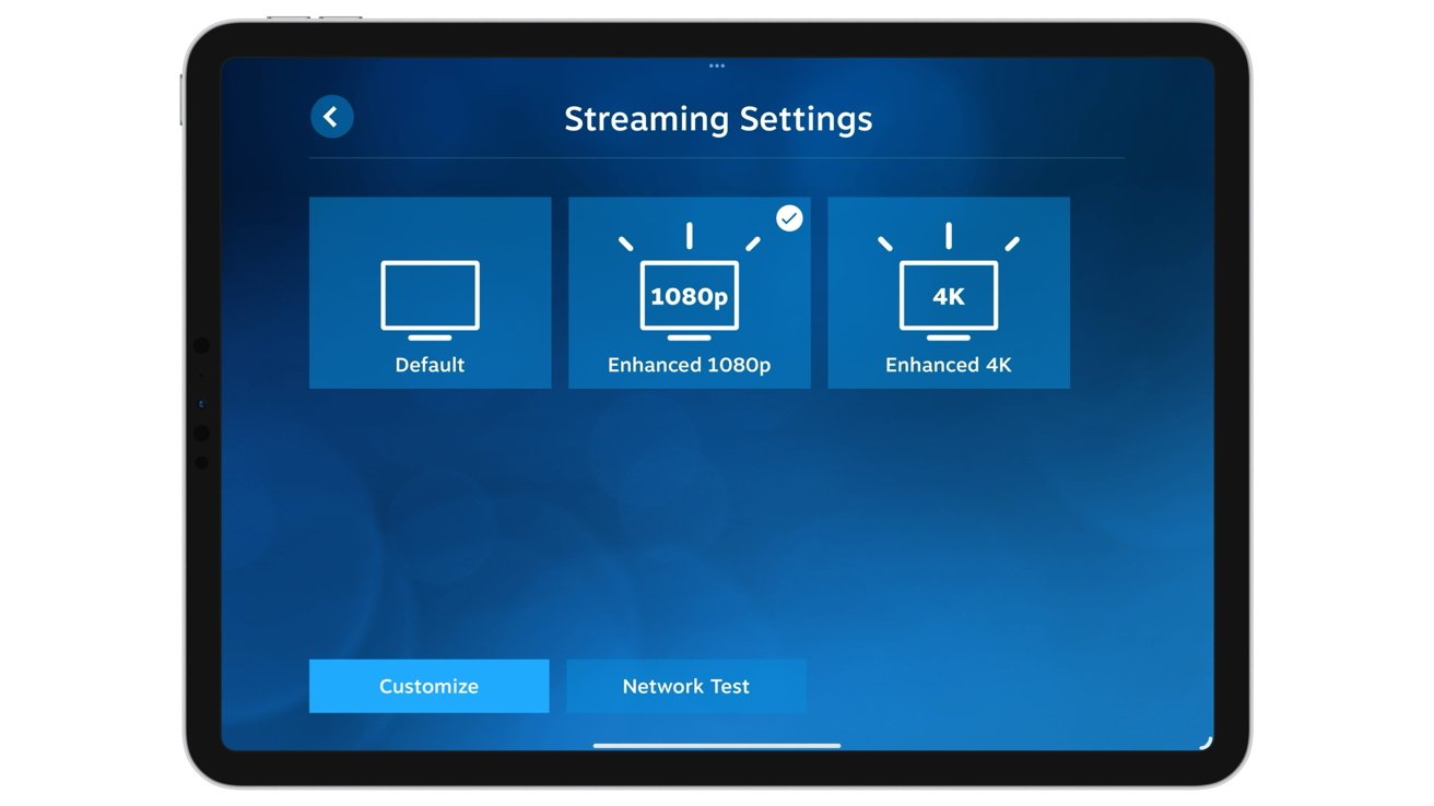 Streaming settings screen with options for Default, Enhanced 1080p, and Enhanced 4K resolutions; Customize and Network Test buttons below.