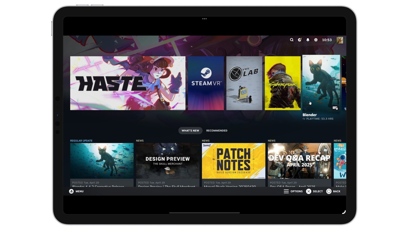 Tablet screen displaying a selection of game titles and news, including Haste, SteamVR, and design previews. Options labeled What's New and Recommended are visible.