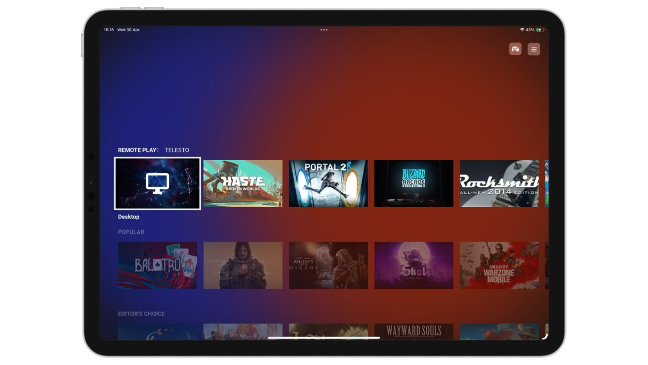 Tablet screen displaying a gaming app interface with various game titles and cover art in horizontal rows under categories.