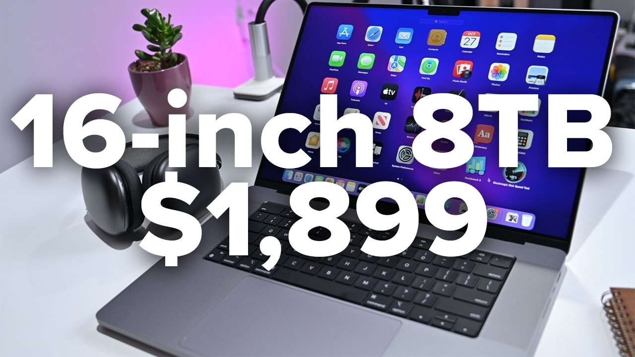 MacBook Pro open on a desk showing apps, next to AirPods Max headphones and a plant. Text overlay: 16-inch, 8TB, $1,899.