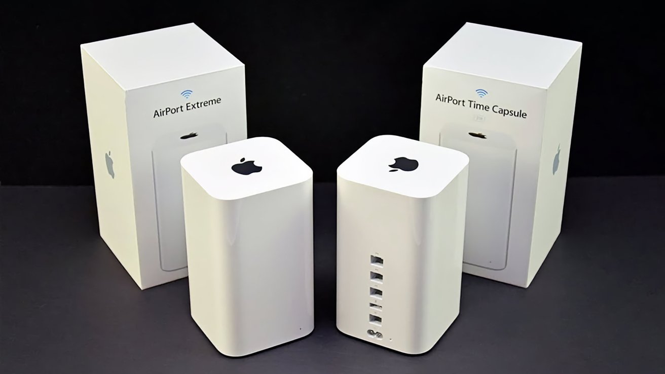 Two white Apple routers with black logos, surrounded by matching boxes labeled AirPort Extreme and AirPort Time Capsule, against a dark background.