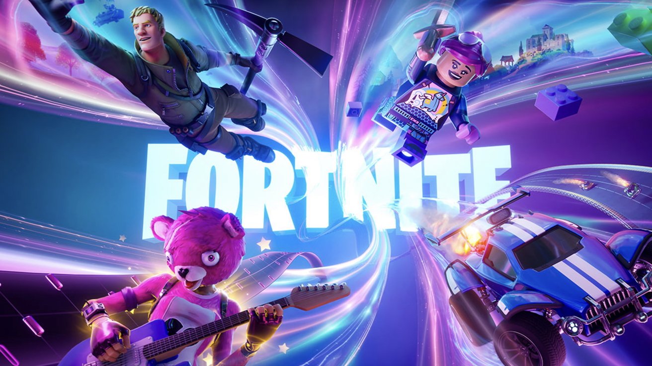 Colorful Fortnite scene with characters flying through a swirling energy vortex, featuring a pink bear with a guitar, LEGO figure, and a racing car.