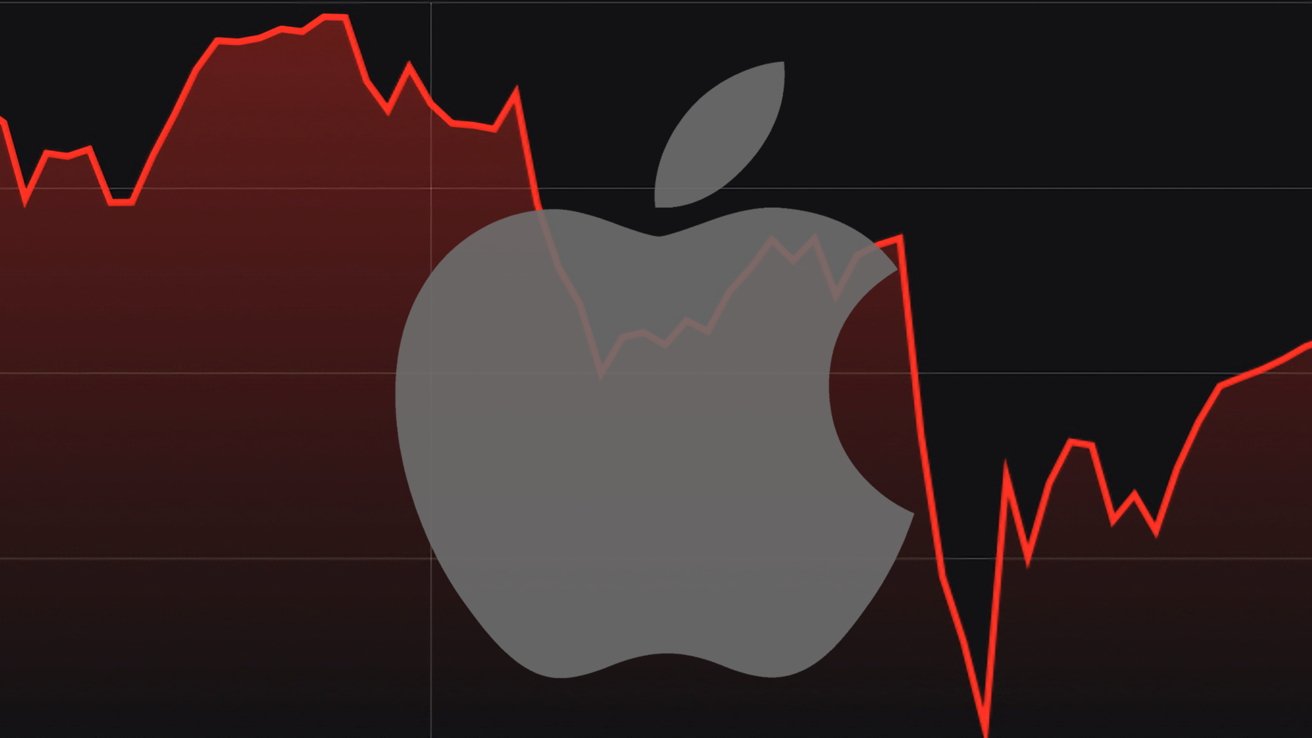 A red fluctuating line graph overlays a large grey apple logo on a dark background, indicating volatile market activity.